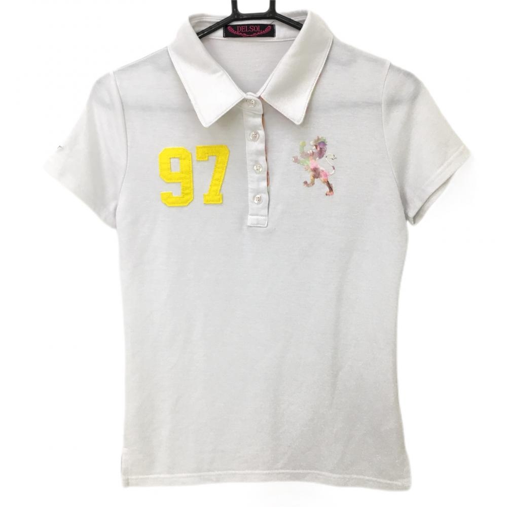 デルソル 半袖ポロシャツ 白×イエロー ビッグワッペン 襟裏柄 レディース Ｌ ゴルフウェア DELSOL