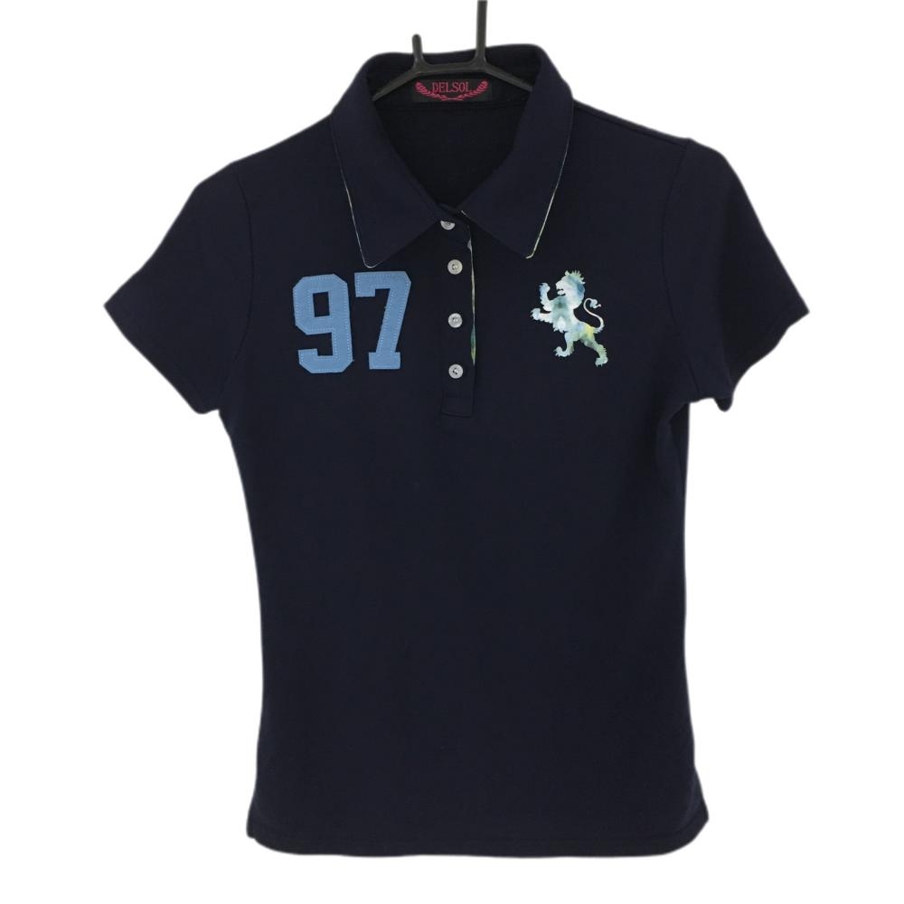 【超美品】デルソル 半袖ポロシャツ ネイビー×ライトブルー 前立て内側・襟裏花柄 レディース L ゴルフウェア DELSOL