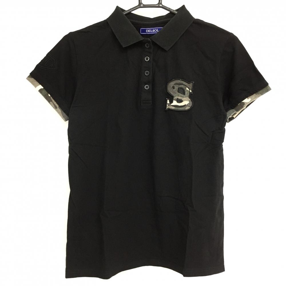 デルソル 半袖ポロシャツ 黒×カーキ 一部迷彩 カモフラ  レディース LL ゴルフウェア DELSOL