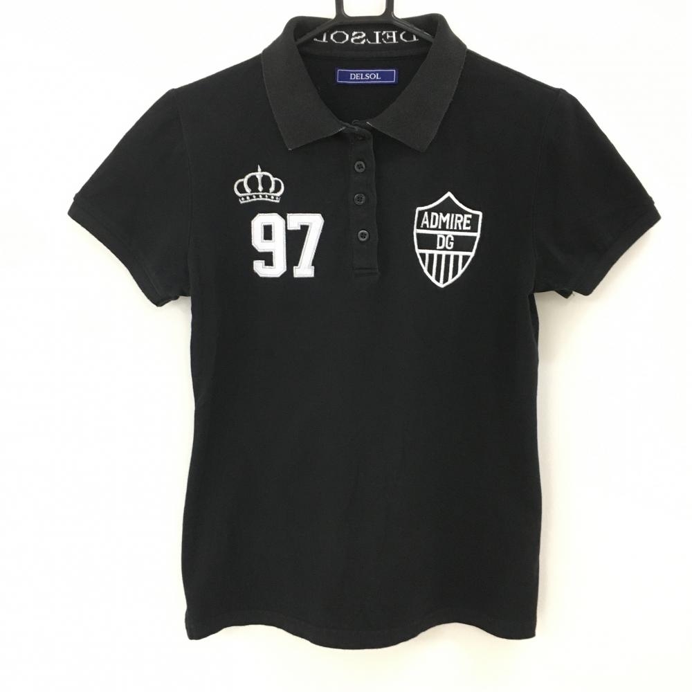 デルソル 半袖ポロシャツ 黒×白 襟ロゴ ワッペン  レディース Ｌ ゴルフウェア DELSOL