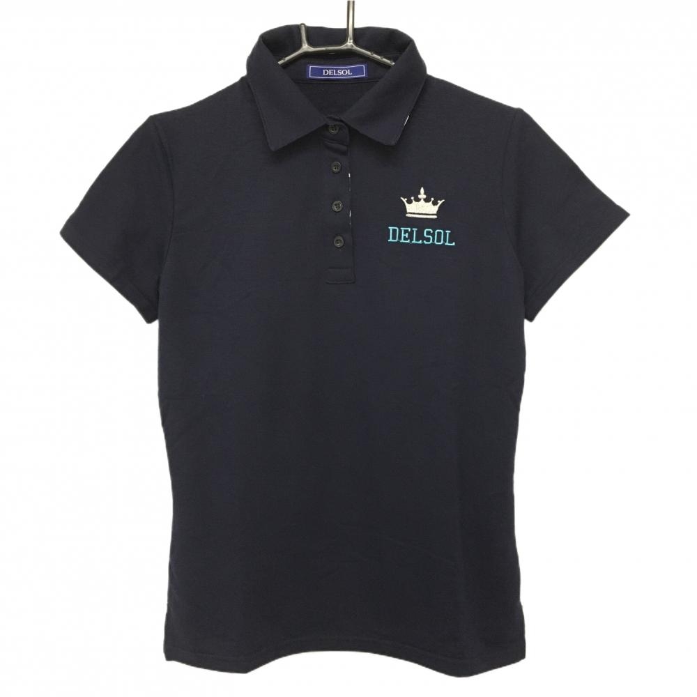 【超美品】デルソル 半袖ポロシャツ ネイビー バックロゴ 襟裏・前立て裏総柄 ロゴ刺しゅう レディース LL ゴルフウェア DELSOL