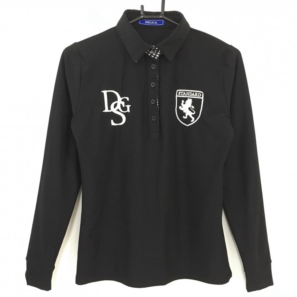 DELSOL デルソル 長袖ポロシャツ 黒×白 襟裏・前立てチェック柄 レディース M ゴルフウェア