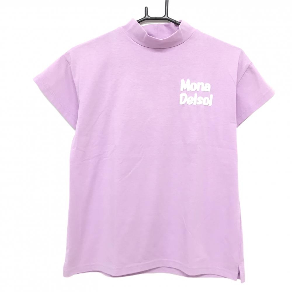 【美品】モナデルソル 半袖ハイネックシャツ ラベンダーピンク 立体ロゴ ストレッチ レディース M ゴルフウェア DELSOL