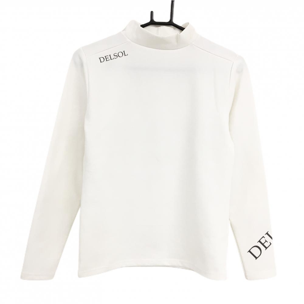 【美品】デルソル 長袖ハイネックシャツ 白 裏起毛 ストレッチ ロゴ レディース M ゴルフウェア DELSOL