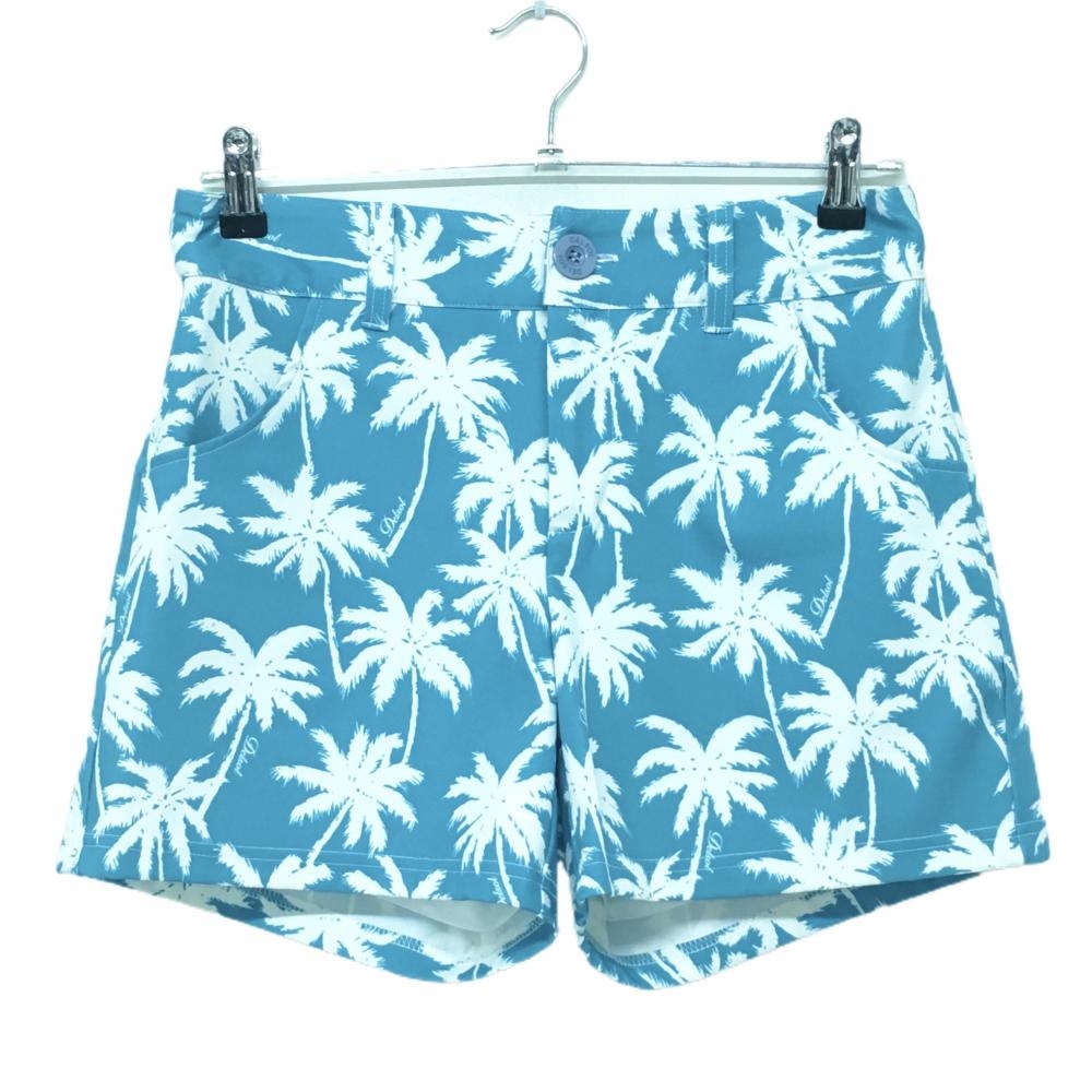 【美品】デルソル ショートパンツ ライトブルー×白 ヤシの木総柄 ストレッチ 裏地付き レディース L ゴルフウェア DELSOL