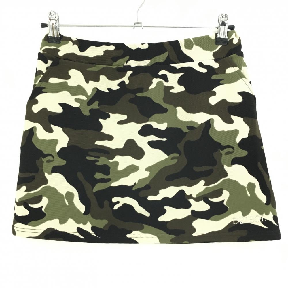 【超美品】デルソル スカート ライトベージュ×カーキ 迷彩柄 カモフラ ウエストゴム レディース M ゴルフウェア DELSOL