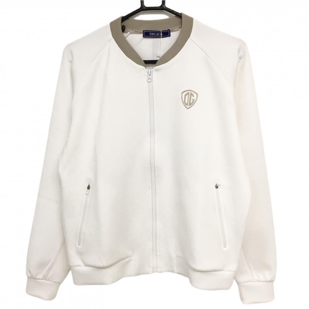 【新品】デルソル ジャケットブルゾン 白×ベージュ ダンボールニット 背面ロゴ レディース L-LL ゴルフウェア DELSOL