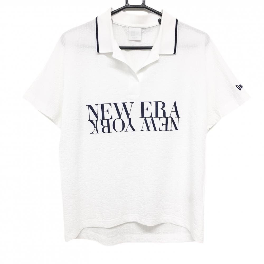 【美品】ニューエラ 半袖ポロシャツ 白×ネイビー サッカー生地 フロントロゴ  レディース SMALL ゴルフウェア New Era