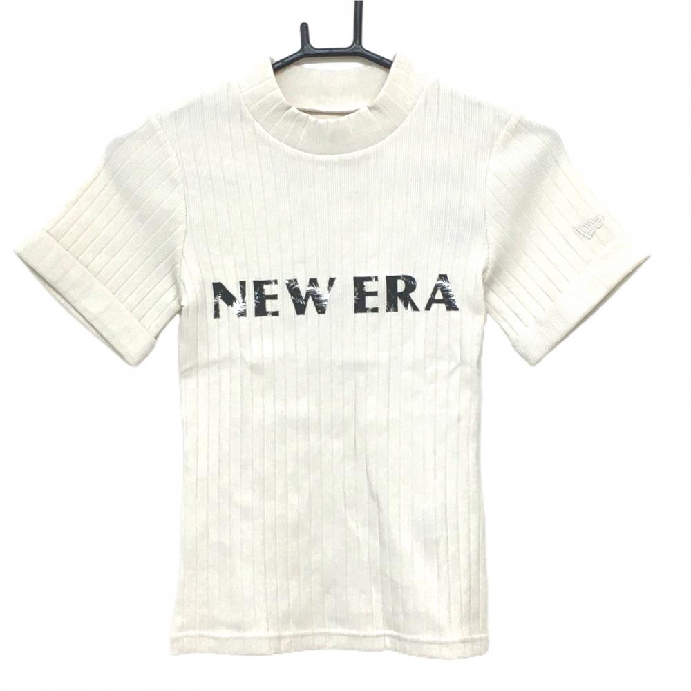 【新品】ニューエラ 半袖ハイネックシャツ ベージュ ストライプ織生地  ロゴプリント  レディース SMALL ゴルフウェア New Era