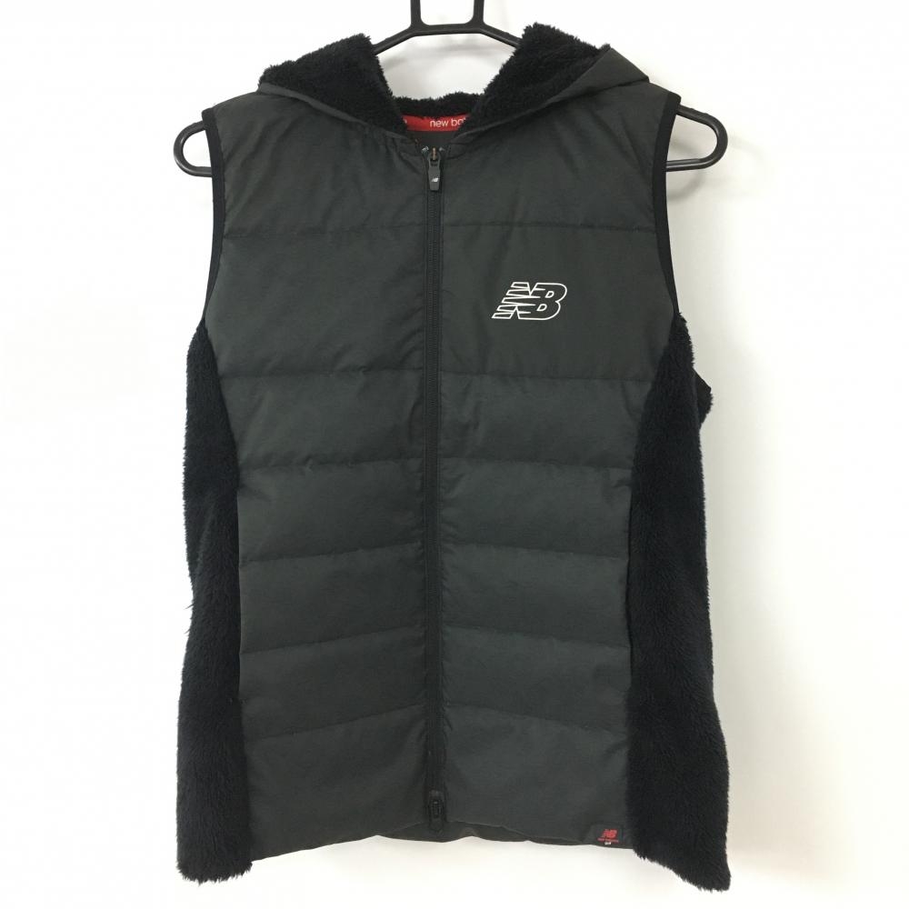 【美品】ニューバランスゴルフ フード付きダウンベスト 黒×白 サイドボア ロゴ地模様 レディース 1(M) ゴルフウェア New Balance