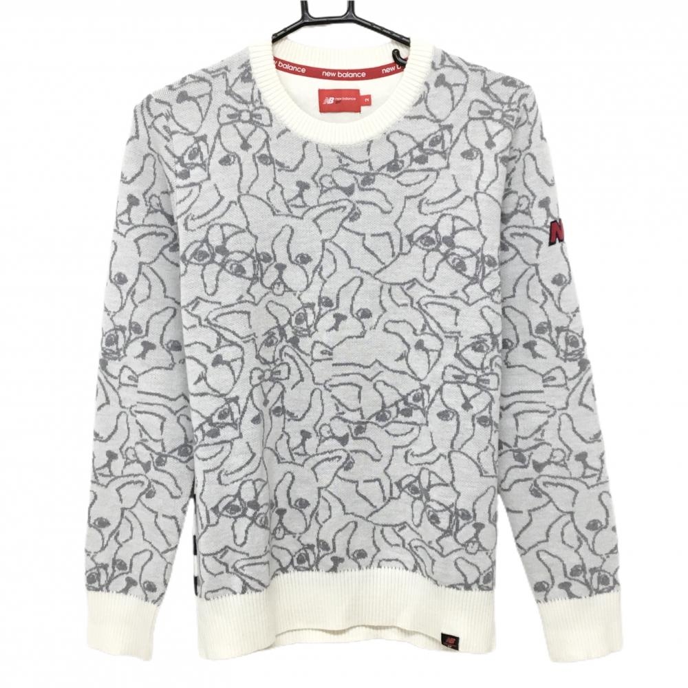 【超美品】ニューバランスゴルフ セーター 白×グレー 前面フレンチブル総柄 背面ボーダー レディース 2(L) ゴルフウェア New Balance