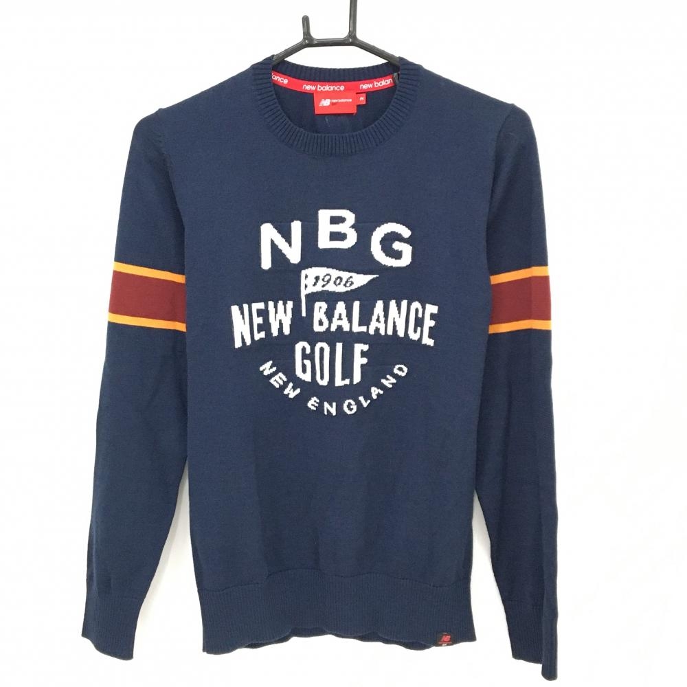 【超美品】ニューバランスゴルフ セーター ネイビー ロゴ白 ウール混 ニット レディース 2(L) ゴルフウェア New Balance