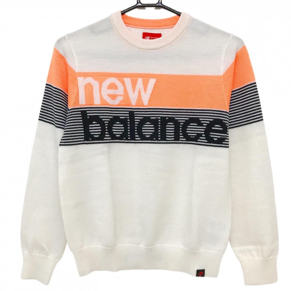 【超美品】ニューバランスゴルフ セーター 白×蛍光オレンジ×黒 フロントロゴ ウール混 ニット レディース 0(S) ゴルフウェア New Balance
