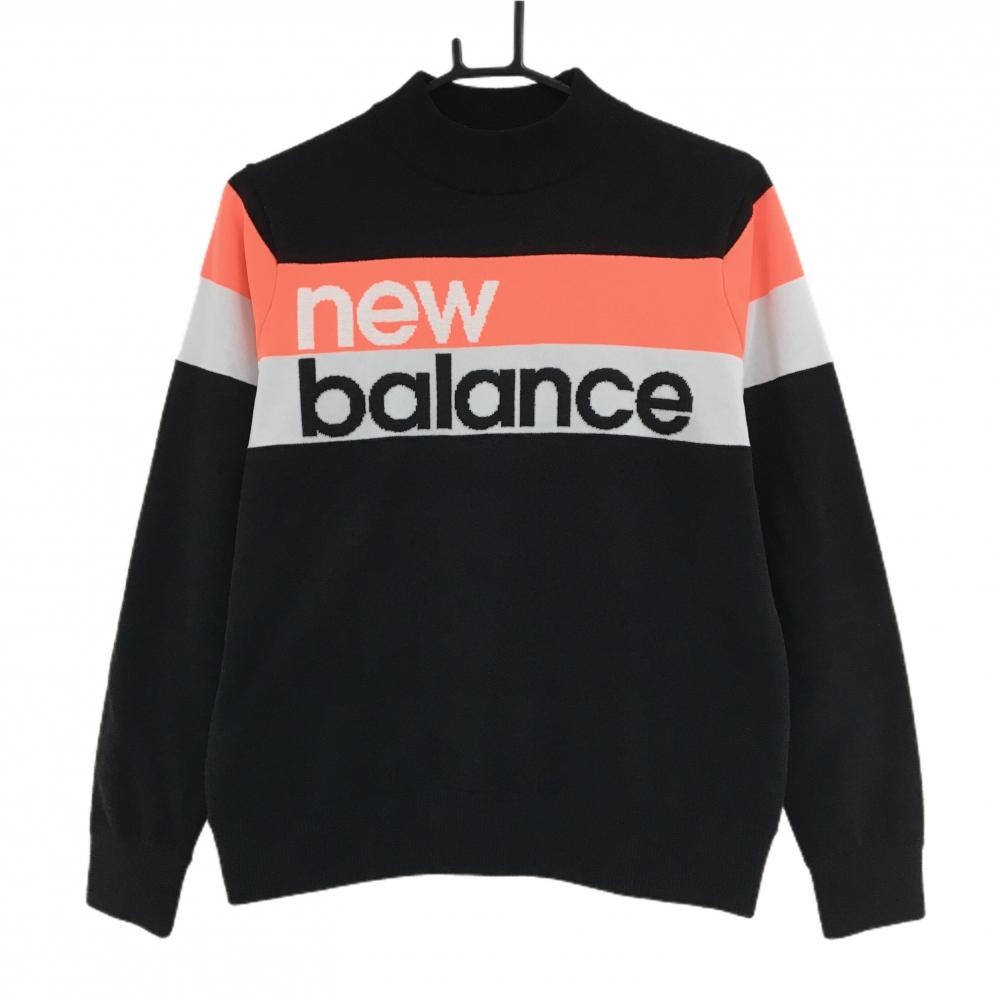 【美品】ニューバランスゴルフ ハイネックセーター 黒×蛍光オレンジ 胸元ライン ロゴ ニット レディース 2(L) ゴルフウェア New Balance