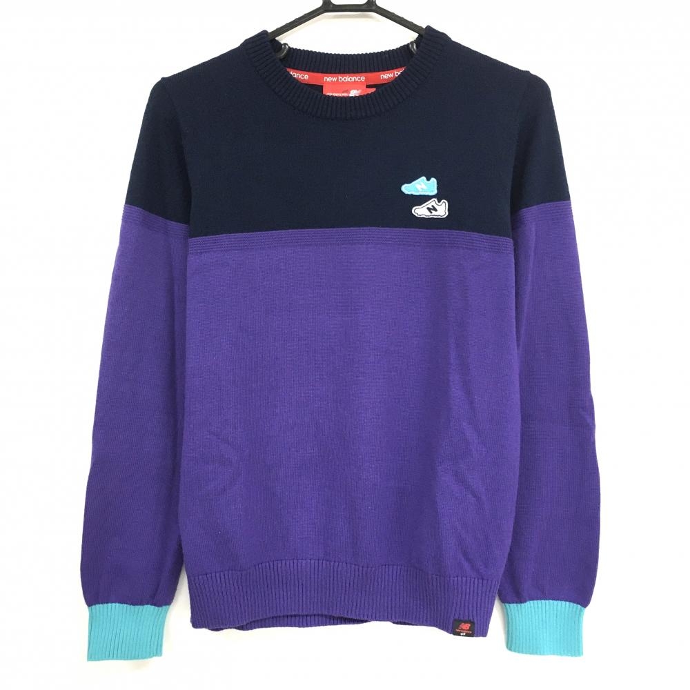 ニューバランスゴルフ セーター ネイビー×パープル スニーカーワッペン ウール混 ニット  レディース L ゴルフウェア New Balance