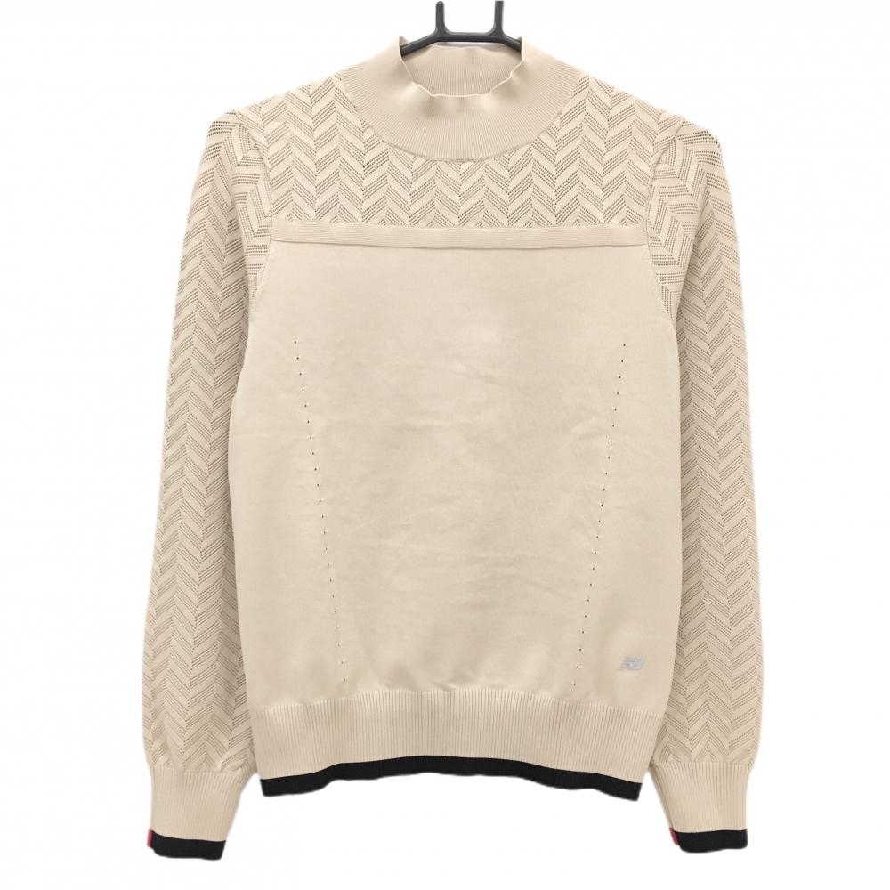 【美品】ニューバランスゴルフ ハイネックセーター ベージュ 一部透かし編み 薄手 ニット  レディース 1(M) ゴルフウェア New Balance