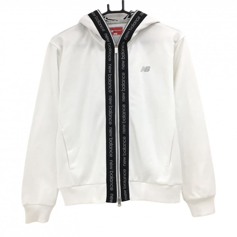 【超美品】ニューバランス ジップパーカー 白×黒 ダブルジップ ジップサイドテープ ロゴラメ レディース 1(M) ゴルフウェア New Balance