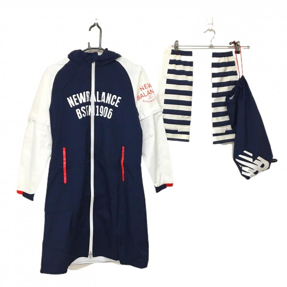 【美品】ニューバランス レインウェア(2WAYワンピース×レッグカバー) ネイビー×白 レディース 1(M) ゴルフウェア New Balance