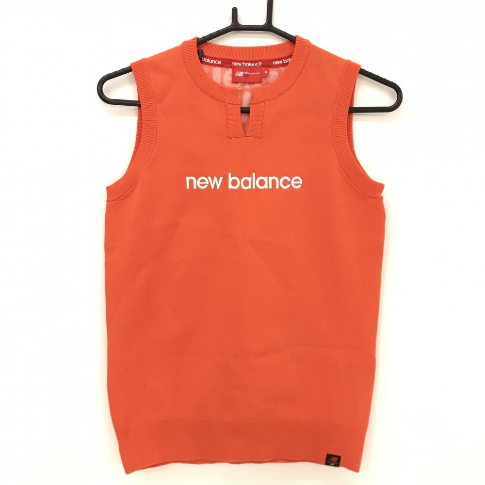 【超美品】ニューバランスゴルフ ニットベスト オレンジ ロゴ白 ポリエステル100％ レディース 40(L) ゴルフウェア New Balance
