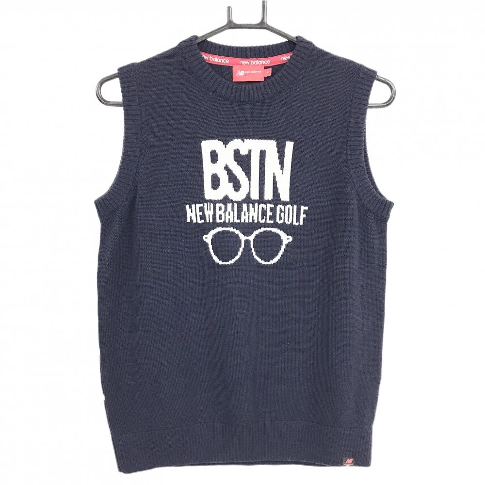 【超美品】ニューバランスゴルフ ニットベスト ネイビー×白 ウール混 背面ボーダー  レディース 1(M) ゴルフウェア New Balance