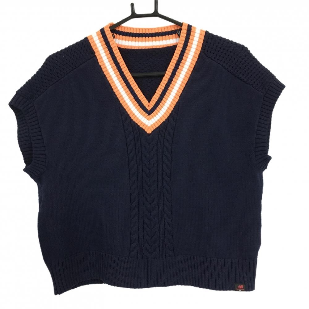 【美品】ニューバランスゴルフ ニットベスト ネイビー×オレンジ Vネック 肩透かし編み  レディース 2(L) ゴルフウェア New Balance