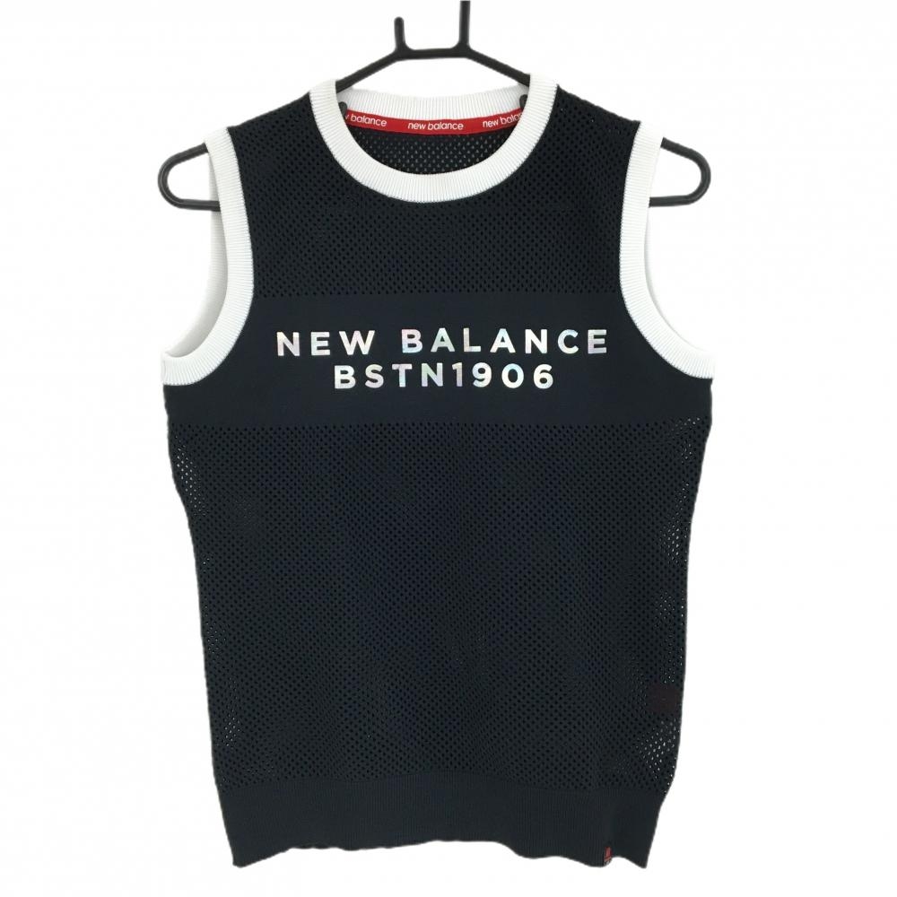 【超美品】ニューバランスゴルフ ニットベスト 黒 透かし編み フロントロゴ レディース 1(M) ゴルフウェア New Balance