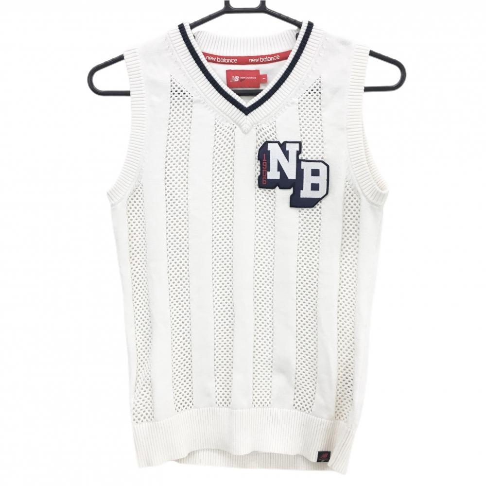 【美品】ニューバランスゴルフ ニットベスト 白×ネイビー 一部透かし編み ロゴワッペン レディース 1(M) ゴルフウェア New Balance