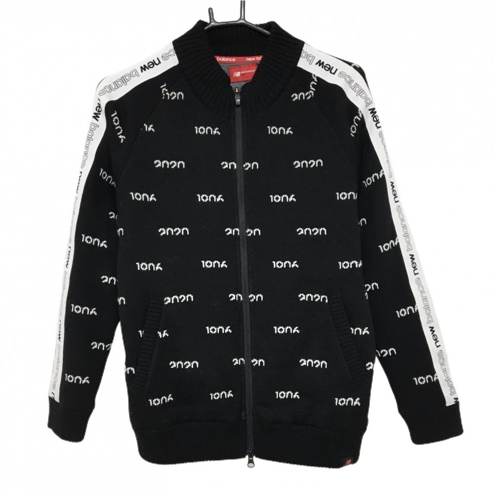 【美品】ニューバランスゴルフ ニットジャケット 黒×白 総柄 ウール混 裏地付 レディース 1(M) ゴルフウェア New Balance