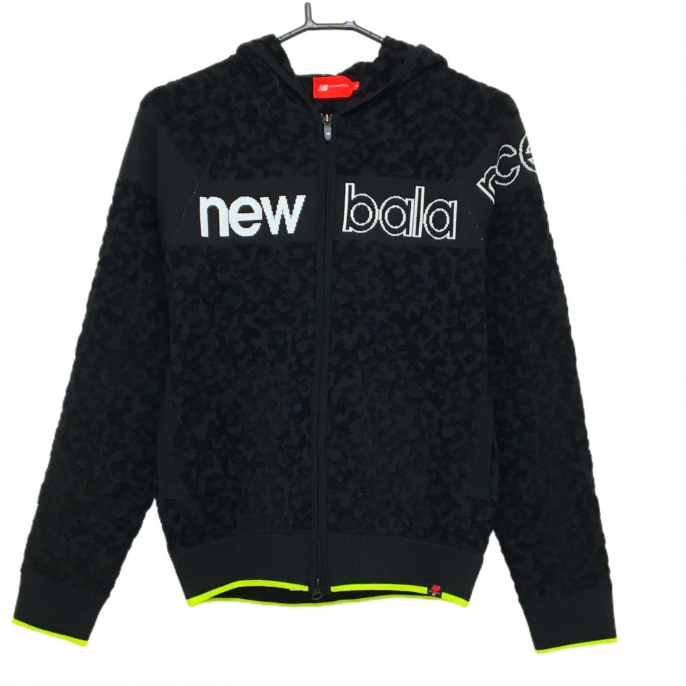 【超美品】ニューバランスゴルフ ニットジップパーカー 黒 地模様 ロゴ ジャケット レディース 2(L) ゴルフウェア New Balance