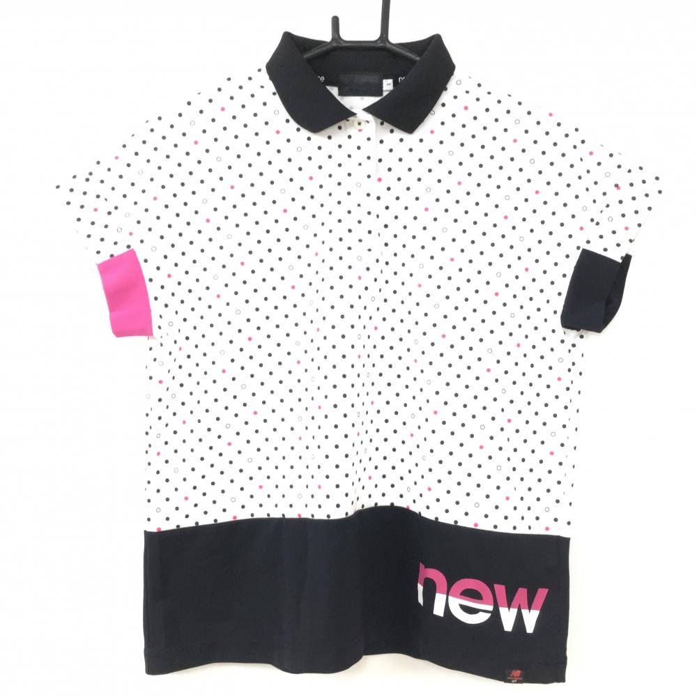 【超美品】New Balance ニューバランス 半袖ポロシャツ 白×黒 ドット柄 裾ロゴプリント レディース 1(M) ゴルフウェア