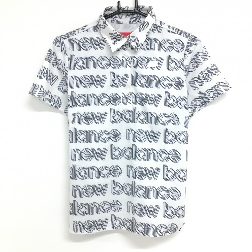 【美品】ニューバランスゴルフ 半袖ポロシャツ 白×ネイビー ロゴ総柄 ハーフジップ  レディース 2(L) ゴルフウェア New Balance