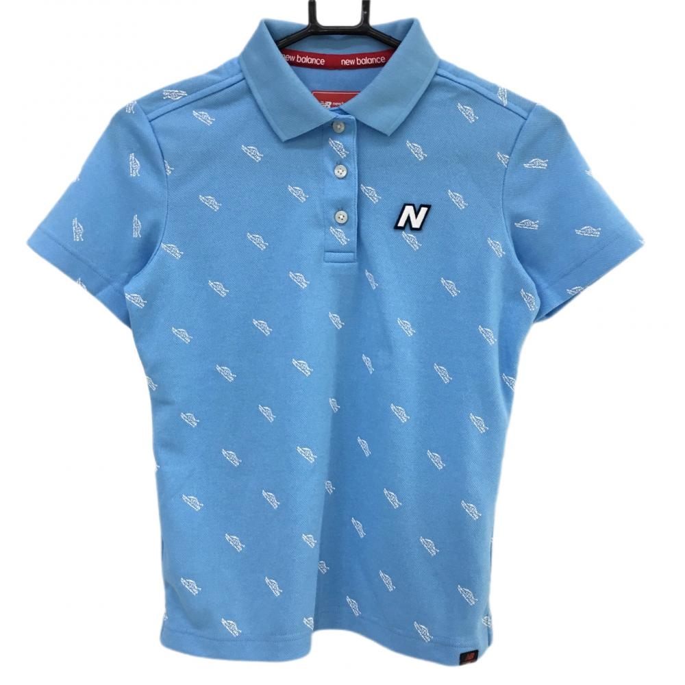 【美品】ニューバランスゴルフ 半袖ポロシャツ ライトブルー×白 ロゴ総柄 レディース 0 ゴルフウェア New Balance