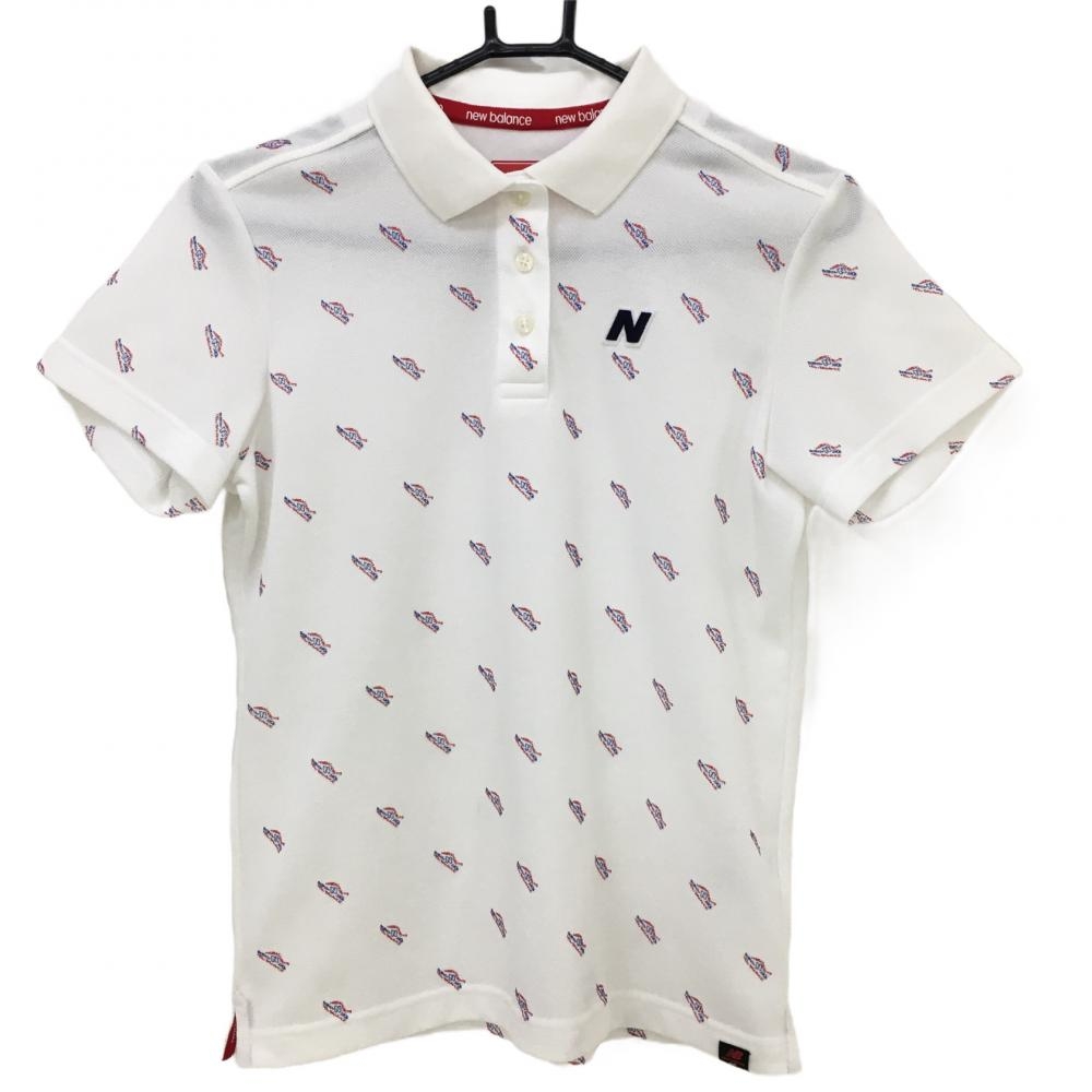 ニューバランス 半袖ポロシャツ 白×レッド ロゴプリント総柄  レディース 2(L) ゴルフウェア New Balance