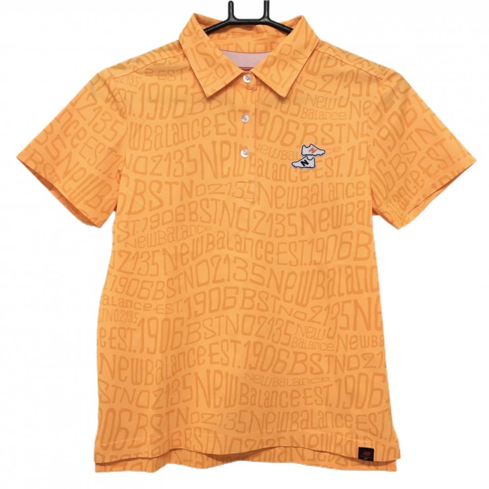 【美品】ニューバランスゴルフ 半袖ポロシャツ オレンジ ロゴ総柄 シューズワッペン レディース 1(M) ゴルフウェア New Balance