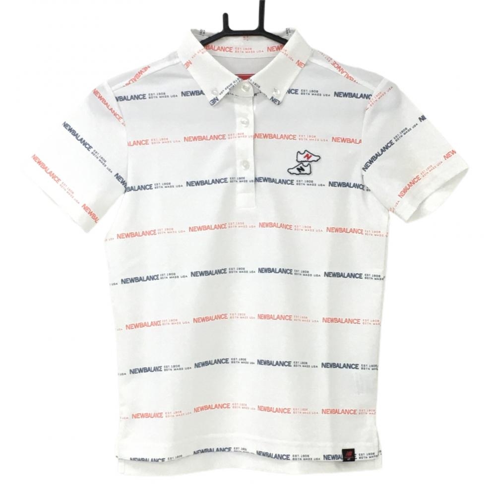ニューバランスゴルフ 半袖ポロシャツ 白×ネイビー×レッド ロゴ総柄 ボタンダウン  レディース 0(S) ゴルフウェア New Balance