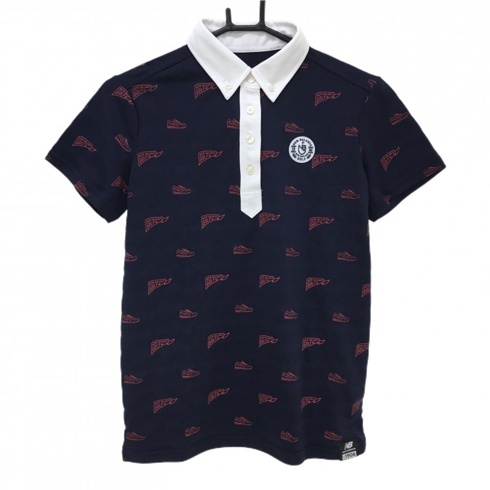 【超美品】ニューバランス 半袖ポロシャツ ネイビー×レッド シューズ柄 フラッグ柄 レディース 1(M) ゴルフウェア New Balance