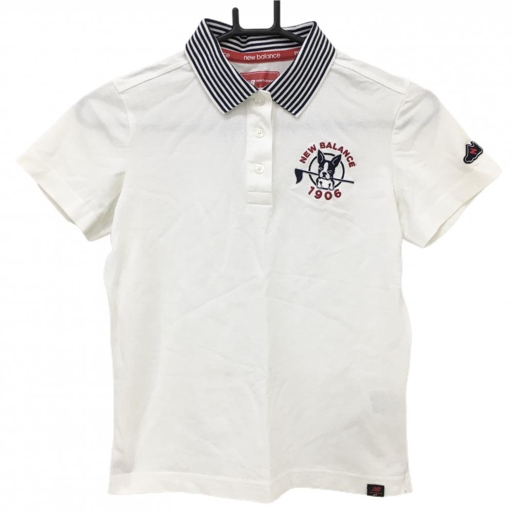 【美品】ニューバランスゴルフ 半袖ポロシャツ 白×ネイビー 襟ボーダー シューズワッペン レディース 0(S) ゴルフウェア New Balance