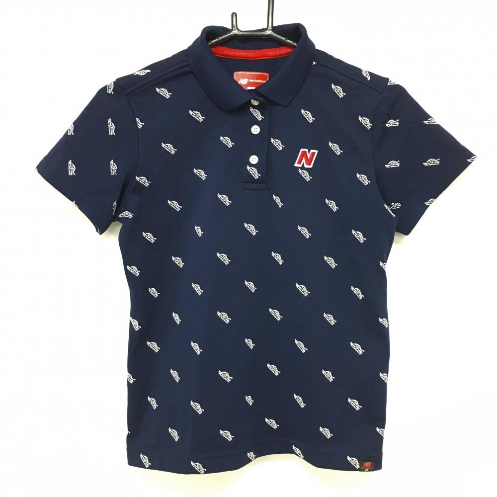 【美品】ニューバランスゴルフ 半袖ポロシャツ ネイビー×白 総柄 スニーカー  レディース 1 ゴルフウェア New Balance