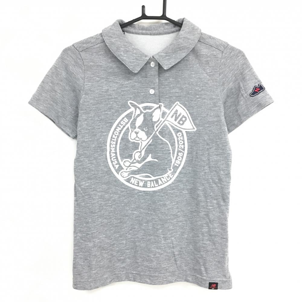 【超美品】ニューバランスゴルフ 半袖ポロシャツ グレー×白 ボストンテリア スニーカーワッペン  レディース  ゴルフウェア New Balance
