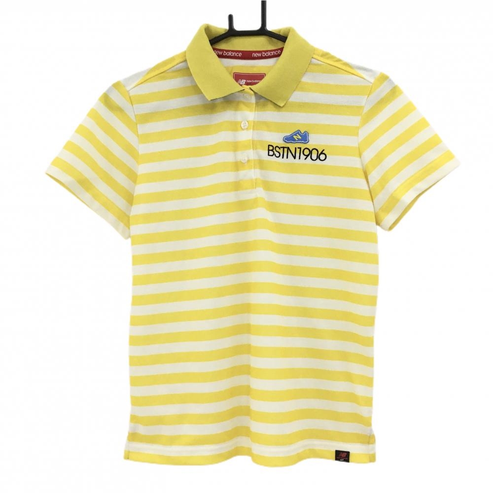 【超美品】ニューバランスゴルフ 半袖ポロシャツ イエロー×白 ボーダー 襟裏ネイビー レディース 2(L) ゴルフウェア New Balance