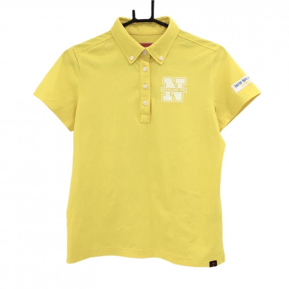 【超美品】ニューバランスゴルフ 半袖ポロシャツ イエロー ボタンダウン フロッキーロゴ レディース 2(L) ゴルフウェア New Balance