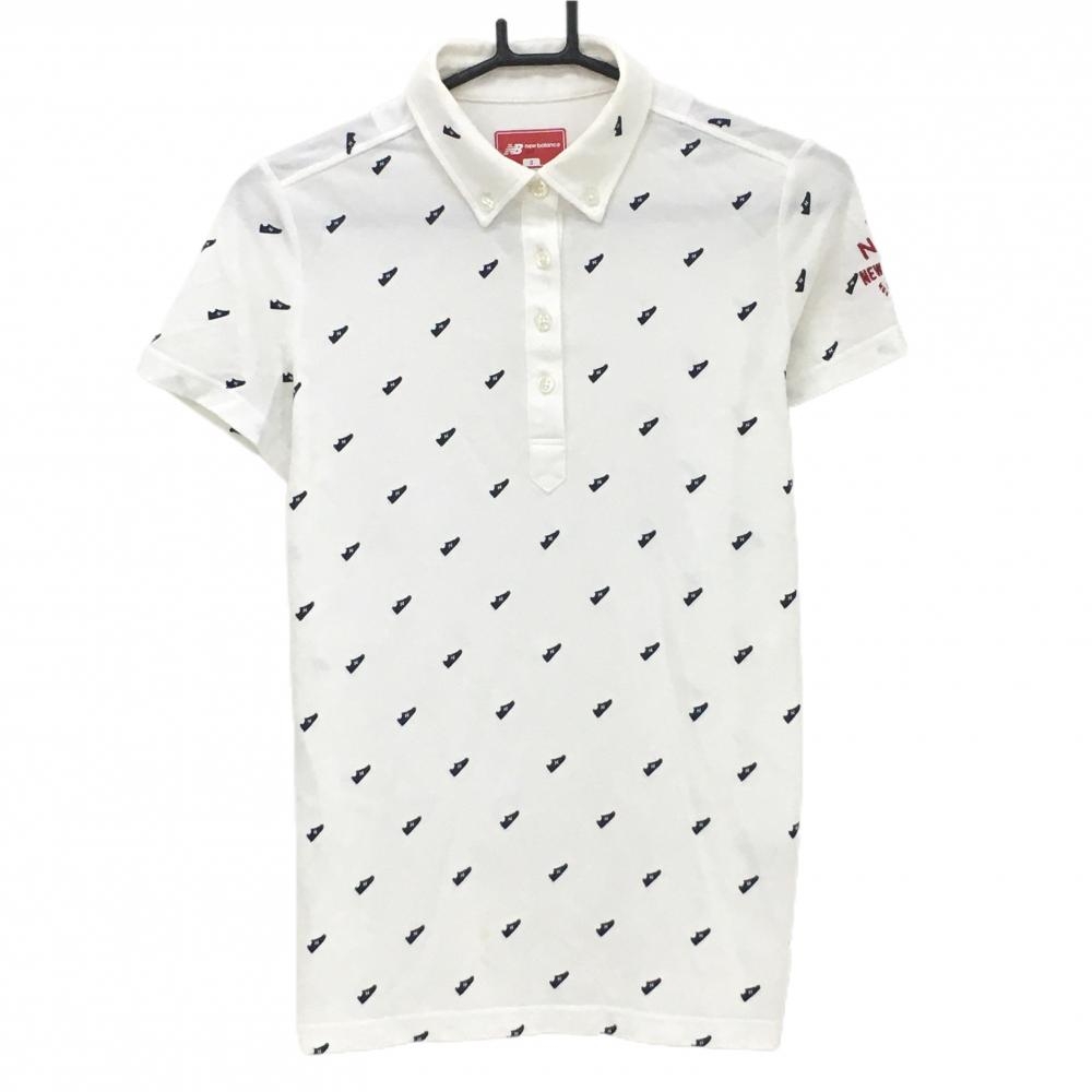 ニューバランスゴルフ 半袖ポロシャツ 白×ネイビー シューズ総柄 ボタンダウン  レディース 2(L) ゴルフウェア New Balance