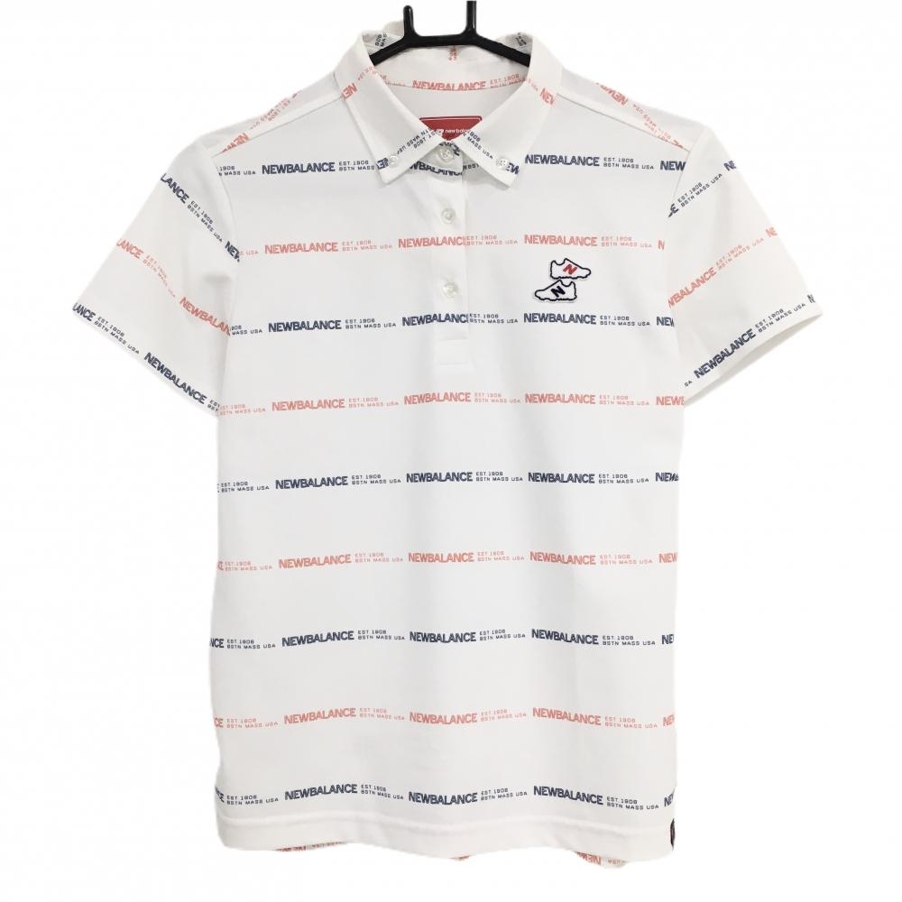 【美品】ニューバランスゴルフ 半袖ポロシャツ 白×レッド ロゴ総柄 ボーダー調  レディース 2(Ｌ) ゴルフウェア New Balance