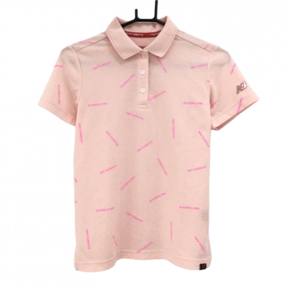 【超美品】ニューバランスゴルフ 半袖ポロシャツ サーモンピンク×蛍光ピンク ロゴ総柄  レディース 1(M) ゴルフウェア New Balance