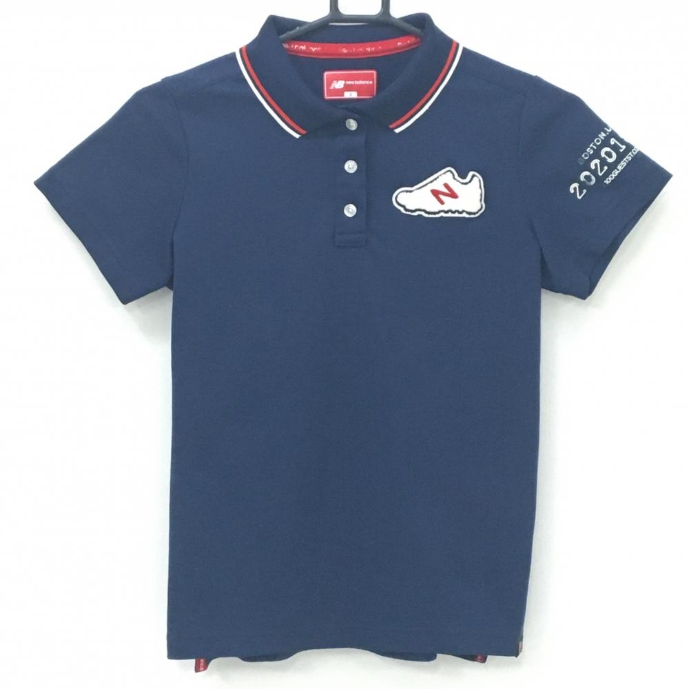 ニューバランスゴルフ 半袖ポロシャツ ネイビー×レッド スニーカーワッペン レディース 2(L) ゴルフウェア New Balance