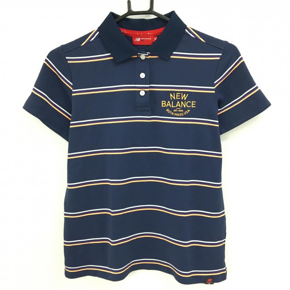 【美品】ニューバランスゴルフ 半袖ポロシャツ ネイビー×オレンジ×パープル ボーダー  レディース 2(L) ゴルフウェア New Balance