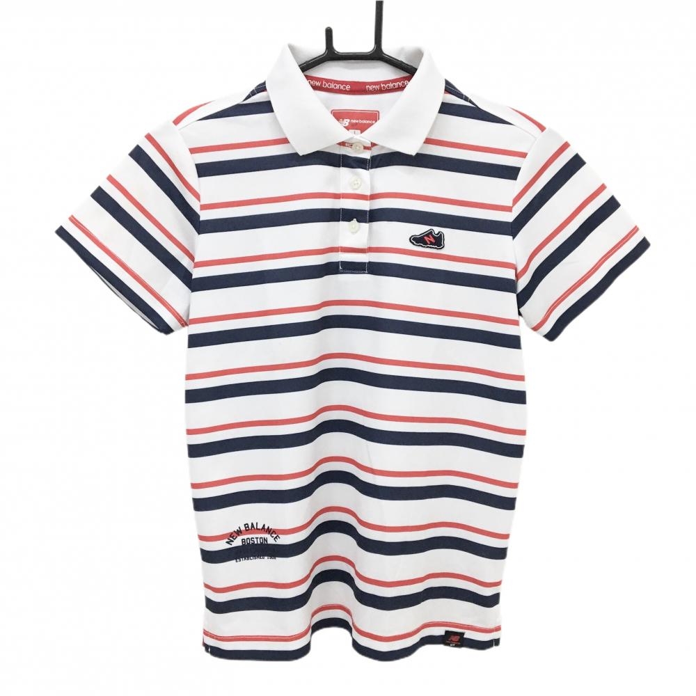 ニューバランス 半袖ポロシャツ 白×ネイビー×レッド ボーダー バックプリント  レディース 1(M) ゴルフウェア New Balance