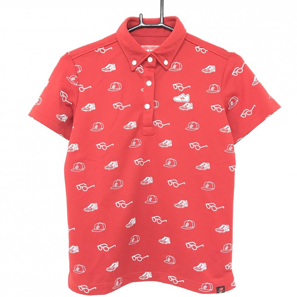 【美品】ニューバランスゴルフ 半袖ポロシャツ レッド×白 総柄 スニーカー ボタンダウン レディース 1(M) ゴルフウェア New Balance