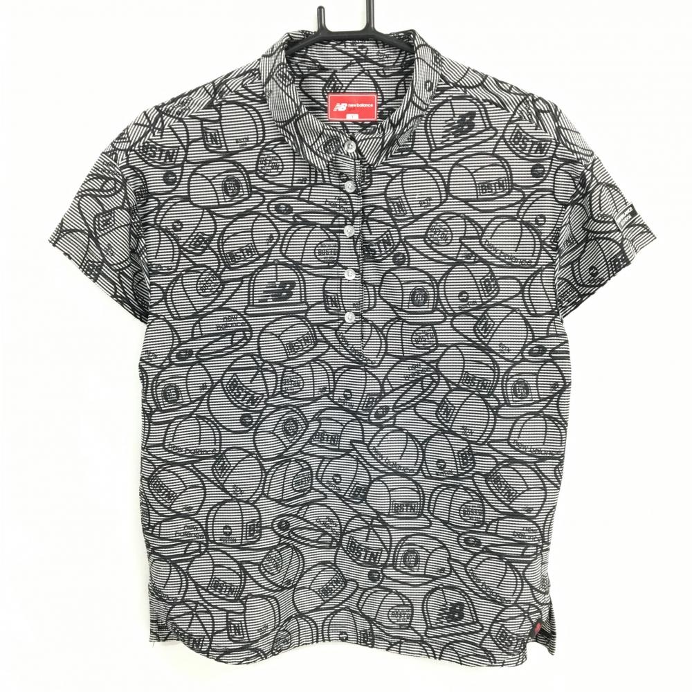 【美品】ニューバランスゴルフ 半袖ポロシャツ 白×ネイビー キャップ柄 ボーダー レディース １(M) ゴルフウェア New Balance