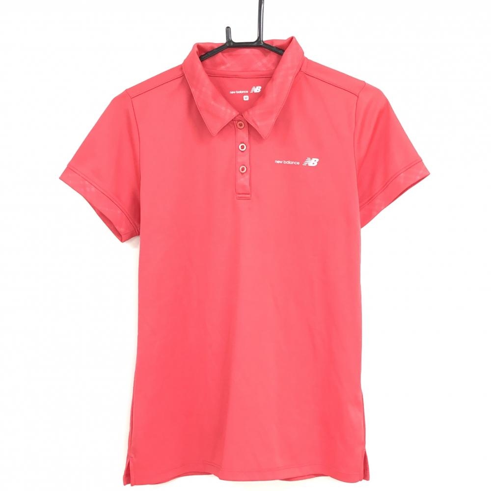 【超美品】ニューバランス 半袖ポロシャツ ピンク 襟・袖口地模様 ロゴシルバー レディース M ゴルフウェア New Balance
